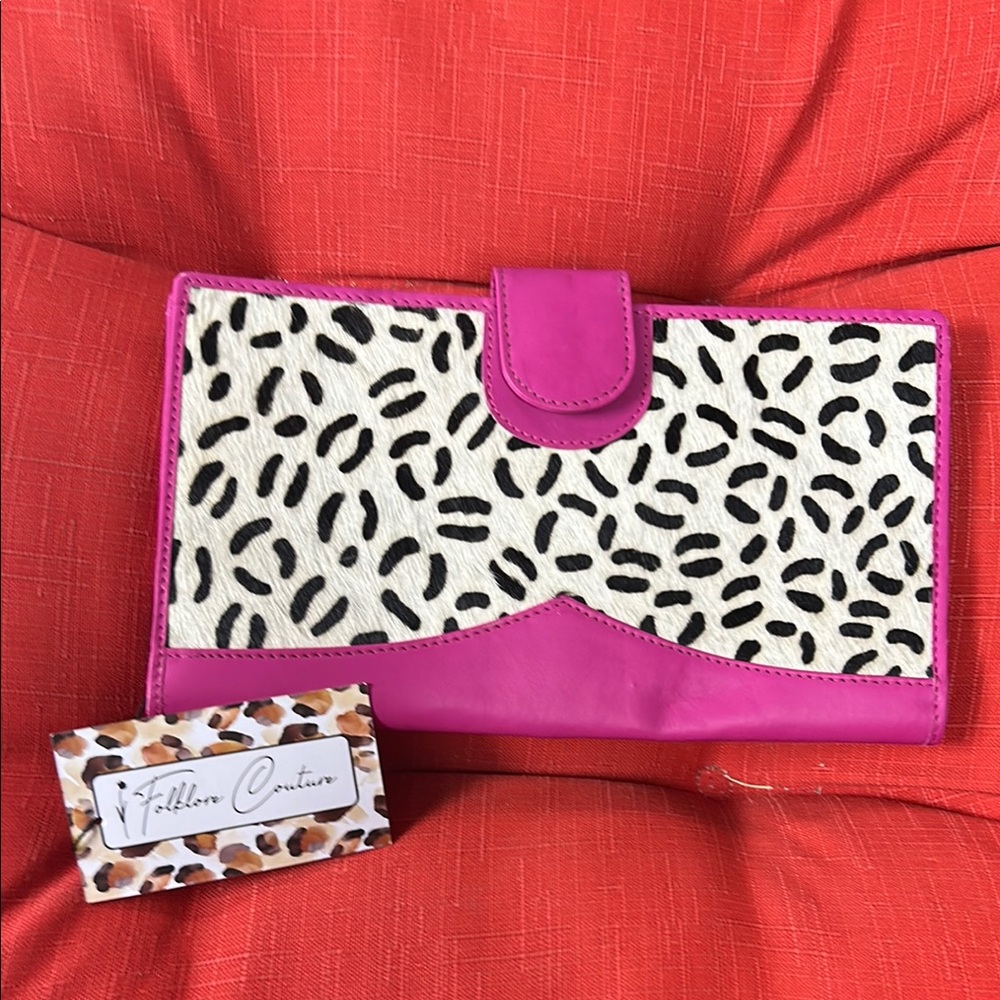 Folklore Couture Pink and Animal Print Clutch leather hair on wallet. NWT